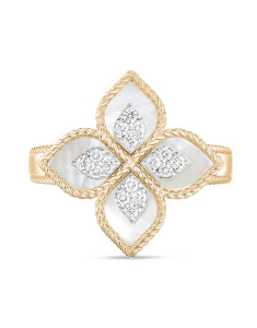 Inel Roberto Coin Princess Flower aur 18 kt cu diamante si sidef ADV888RI1837_02YW, 001, bb-shop.ro
